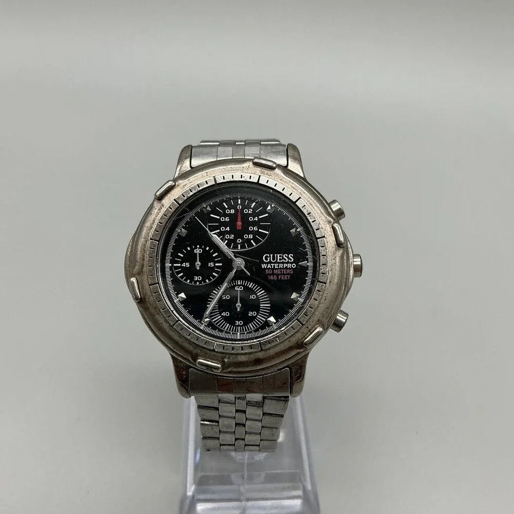Vtg Guess Waterpro Mens Watch 40mm Black Dial Stainless Chrono New Battery 6.75